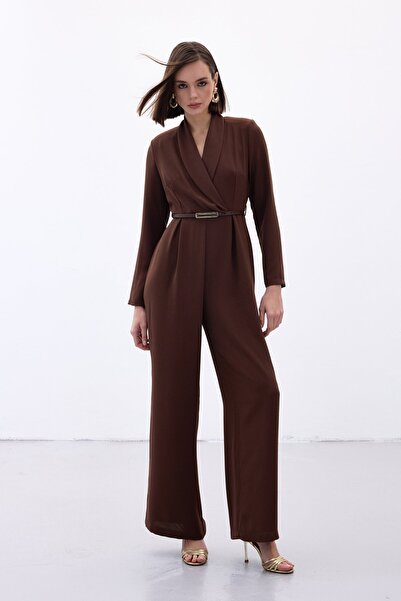 Sateen Belted Casual Jumpsuit - Brown