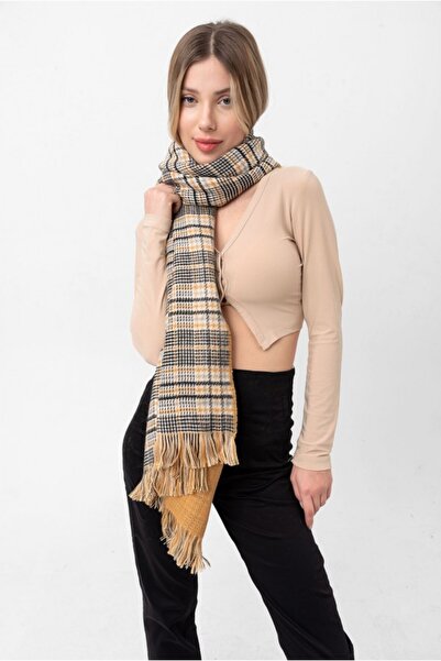 Kokoş Double Sided Plaid Patterned Beige Thick Shawl