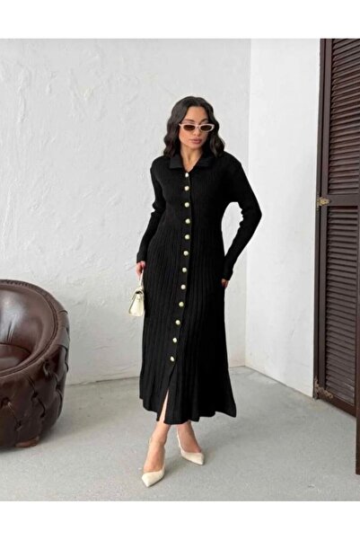 diloş butik Gömlek Yaka Düğme Detaylı Triko Elbise