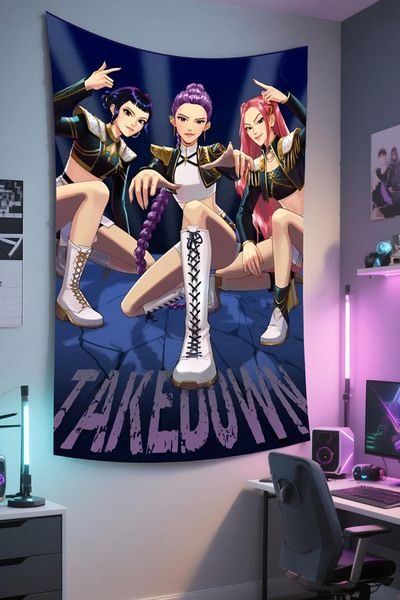 RUGRUMBA Demon Hunters Baskılı Duvar Örtüsü – K-Pop Temalı, Kaliteli Kumaş, T...