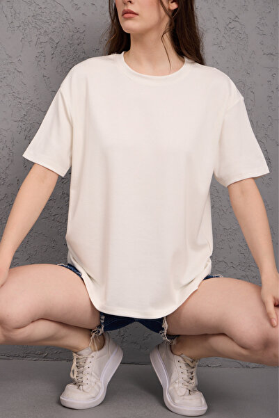 Moda Days Tricou alb pentru femei supradimensionat basic guler rotund cu mânecă scurtă, potrivire confortabilă