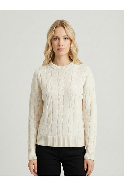 Sibel Günay Butik Pulover de tricotat crem cu gât rotund cu model pentru feme...