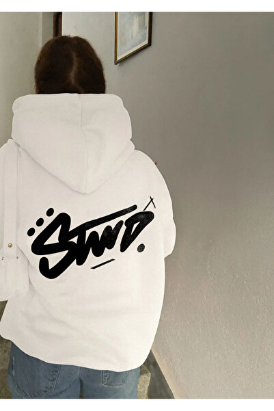 Mella&Co هودي أبيض بتصميم إبداعي SWD. طباعة جرافيتي - ملابس الشارع العصرية لل...