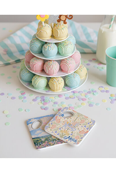 arslart Pastel atlıkarınca desenli kişiye özel magnet açacak & bardak altlığı...