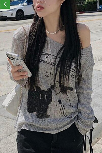 İsra Ayyıldız Moonstar Collection Gri melanj cat omuz dekolteli yün tam boy Y...