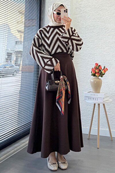 MELEK ARAZ Premium Kaşe Kloş Form Skirt - Bitter Brown