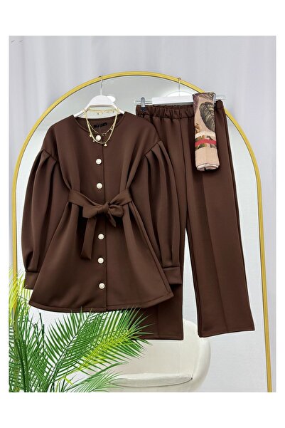 YEDİLALE Balloon Sleeve Buttoned Puff Scuba Jacket Pants Double Set [Excluding Shawl]
