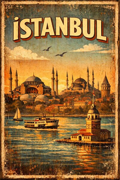 BiveSa İstanbul Camiler Kız Kulesi Retro Ahşap Poster