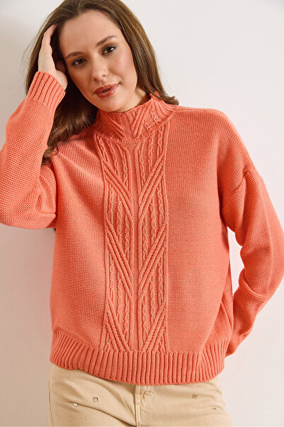 Olalook سترة تريكو نسائية منسوجة من الصوف ياقة مرتفعة متوسطة الطول من سالمون KZK-19000912
