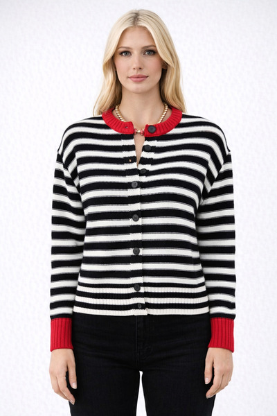 Sibel Günay Butik Women's Black Cream Red Striped Knitwear Cardigan – Buttone...