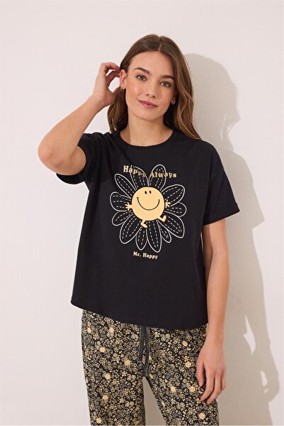 Perspective Women Secret Kısa Kollu Uzun Pantolonlu Sticker Baskılı Siyah Kad...