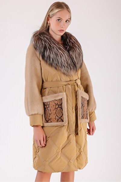 Leather Club Camel Hakiki Deri Aksesuarlı Şişme Puffer Kaban