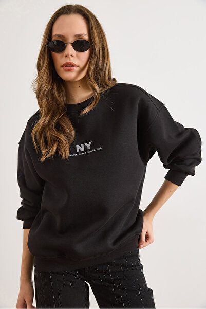 Olalook Women's Black Ny Fleece-Lined Oversized Sweatshirt Swt-19000796