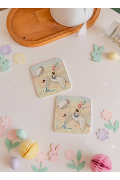 arslart Kuğu vintage temalı kişiye özel magnet açacak & bardak altlığı, 1 yaş...