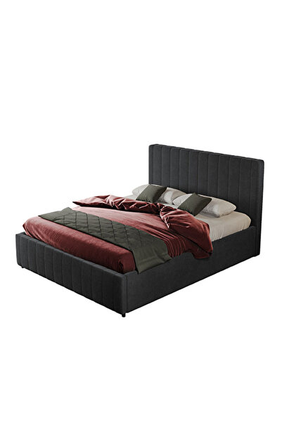 Conforto.ro Maldive upholstered double bed, wooden frame and palladium, anthracite gray, with fixed slatted base