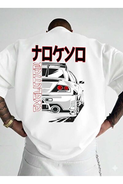Afri Evo Patterned Japanese Style Unisex Oversized T-Shirt - Premium Single Jersey Fabric - White Car Design
