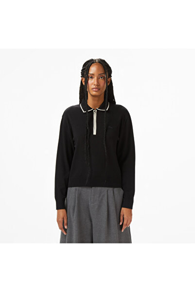 Lacoste Kadın Regular Fit Polo Yaka Siyah Kazak