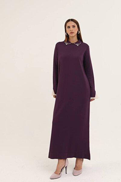 CELTMODA Women's Mercerized Dress with Stone Detail on the Collar - Purple