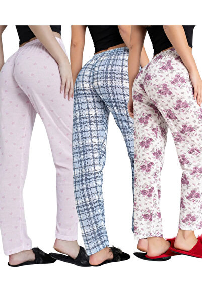 DONEX 3-Piece Cotton Thin Breathable Fabric Women's Sleepwear Bottoms with Ribbon Waist Detail Printed Pocketless