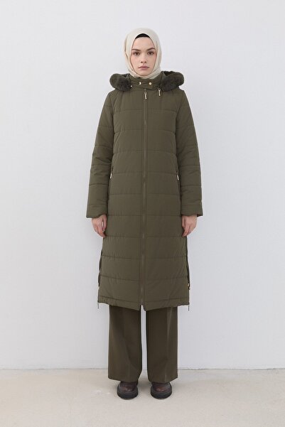 Nihan Seyyar Kapşonlu Kapitone Kaban Haki