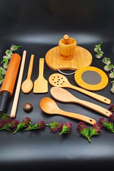 SWENCRAFT Wooden 11-Piece Kitchen Set with Rolling Pin, Rolling Knife, Rolling Knife Holder, Spoon, Ladle, Bamboo Cutting Board, Dowry Set
