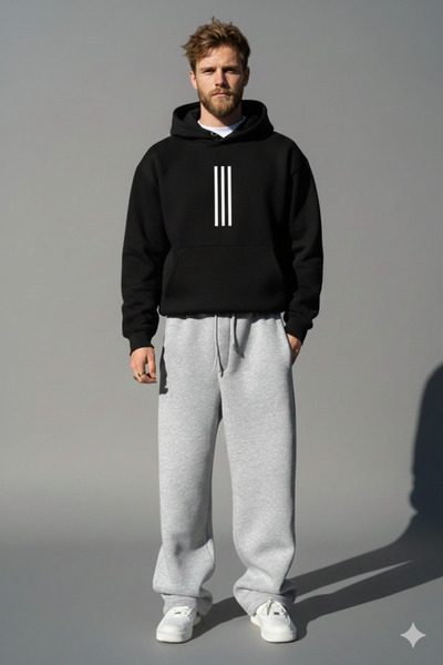 NİCE 3-Striped Oversized Baggy Tracksuit Set-Winter Thick 3-Thread Fleece-Lined Wide-Leg Sweatpants-Top and Bottom Set