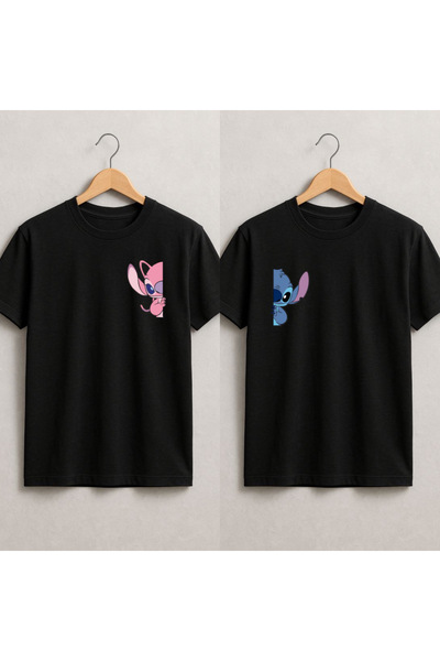 VAYNOR Unisex Oversize Tişört- Stitch 2 li sevgili tshirti