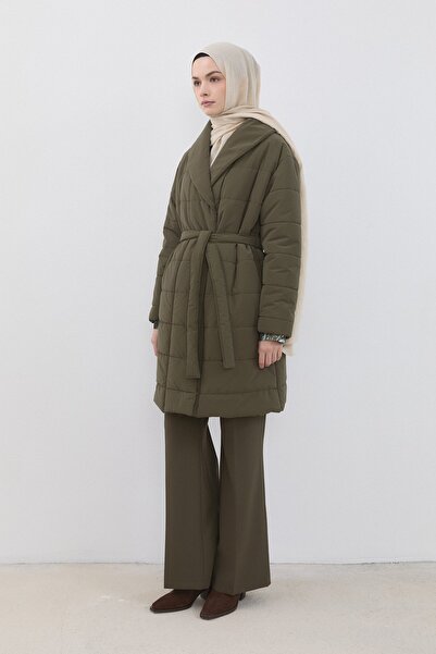 Nihan Şal Yakalı Kapitone Kaban Haki