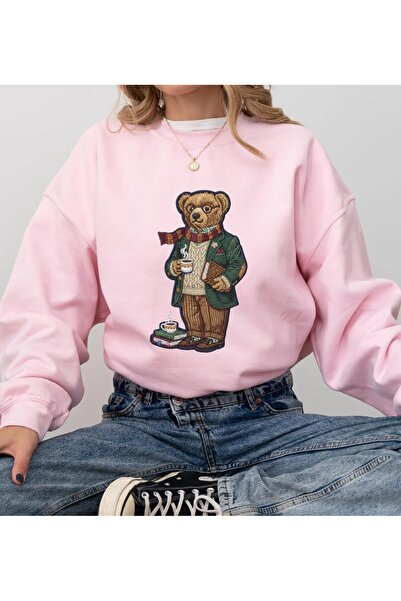 Aether Clothing سترة من القطن العضوي بأكمام طويلة من Bear مطبوع قصة فضفاضة