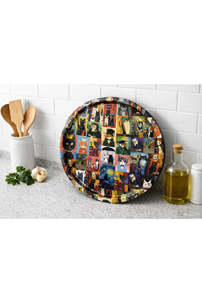 ATAGİFT HEDİYELİK Sanat Temalı Kedi Desenli Yuvarlak Metal Kahve Çay Sunum Te...