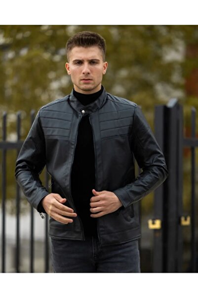 modabm Erkek Göğüs Çizgili Kışlık Deri Mont