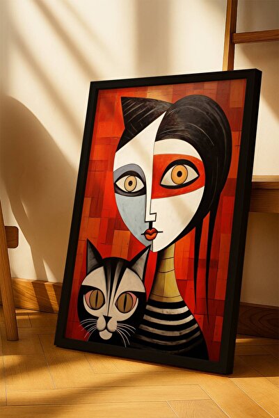 Picasso Stilinde Kadın ve Kedi Siyah Çerçeveli Tablo – Kübist Figür | Kırmızı & Siyah