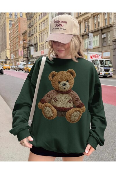 Aether Clothing سترة من القطن العضوي بأكمام طويلة من Bear مطبوع قصة فضفاضة