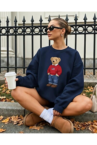 Aether Clothing سترة من القطن العضوي بأكمام طويلة من Bear مطبوع قصة فضفاضة