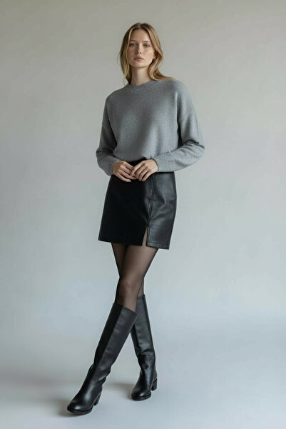 Vireo Club Fusta mini din piele neagră pentru femei, cu detaliu de fante