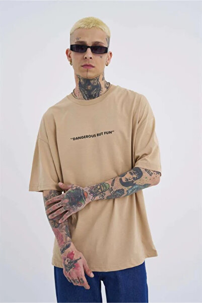 Machinist Unisex Oversized Dangerous but Fun Printed Cotton T-Shirt Beige