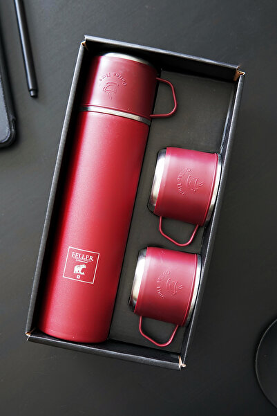 FELLER Paslanmaz Çelik Termos Siyah Renk 3 Bardaklı Termos Seti