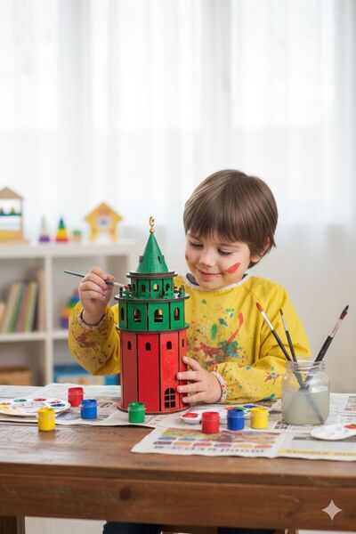 Giftölye Ahşap Maket Galata Kulesi Boyama Seti + 6 Renk Akrilik Boya Ve Fırça...