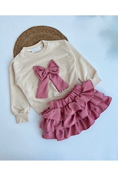 sobekidstore Girls' Stone-Embroidered Bow 2-Piece Sweat Skirt Set, Full-Fit T...