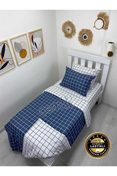 Çetinhome Single Duvet Cover Set with Elastic Sheet Square Blue-White