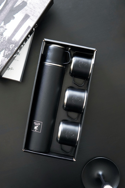 FELLER Paslanmaz Çelik Termos Siyah Renk 3 Bardaklı Termos Seti