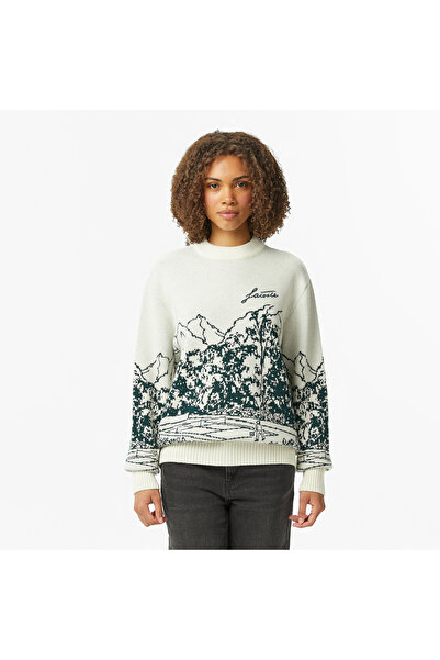 Lacoste Kadın Relaxed Fit Bisiklet Yaka Desenli Krem Kazak