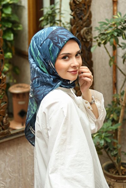 Tesettürnağme Eșarfă EcoZen TN2105 Motiv Floral 09-Albastru-Verde-Ecru