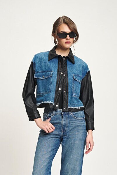 Lijuri Leather Detailed Denim Crop Jacket 6154 R4-C-K3