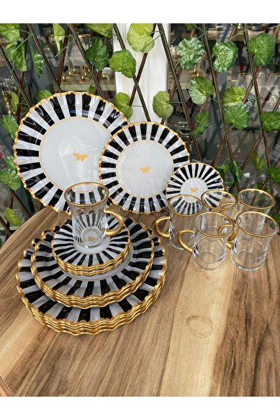 GÜRCÜGLASS Black and White Butterfly Model 24 Prç with Handle