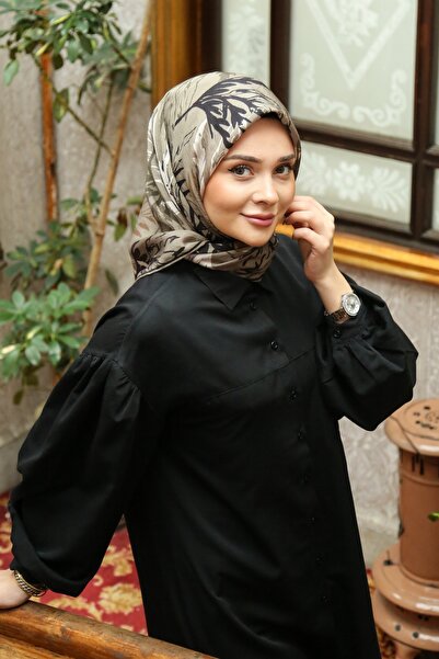 Tesettürnağme Eșarfă EcoZen TN2105 Motiv floral 13-Lenjerie-Negru-Ecru