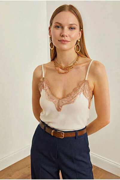 MELA ROSSA Women's Beige Brown Color Lace Adjustable String Strap Sandy Fabric Tank Top Blouse