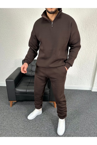 tetramoda Three Thread Mock Neck Half Zipper Cotton Inside O Oversized Sweat & Tracksuit Set