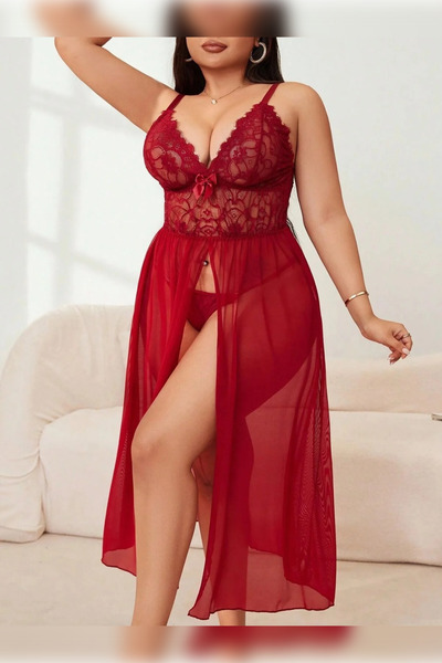 Melissa Pink Kadın Bordo Önden Yırtmaçlı Dantel Üstlü Tül Babydoll Gecelik Takımı