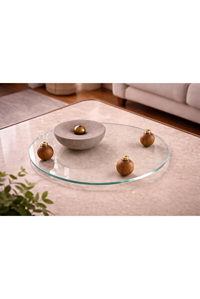 COCEM Round Glass Tray with Wooden Legs – Living Room and Coffee Table Decoration
